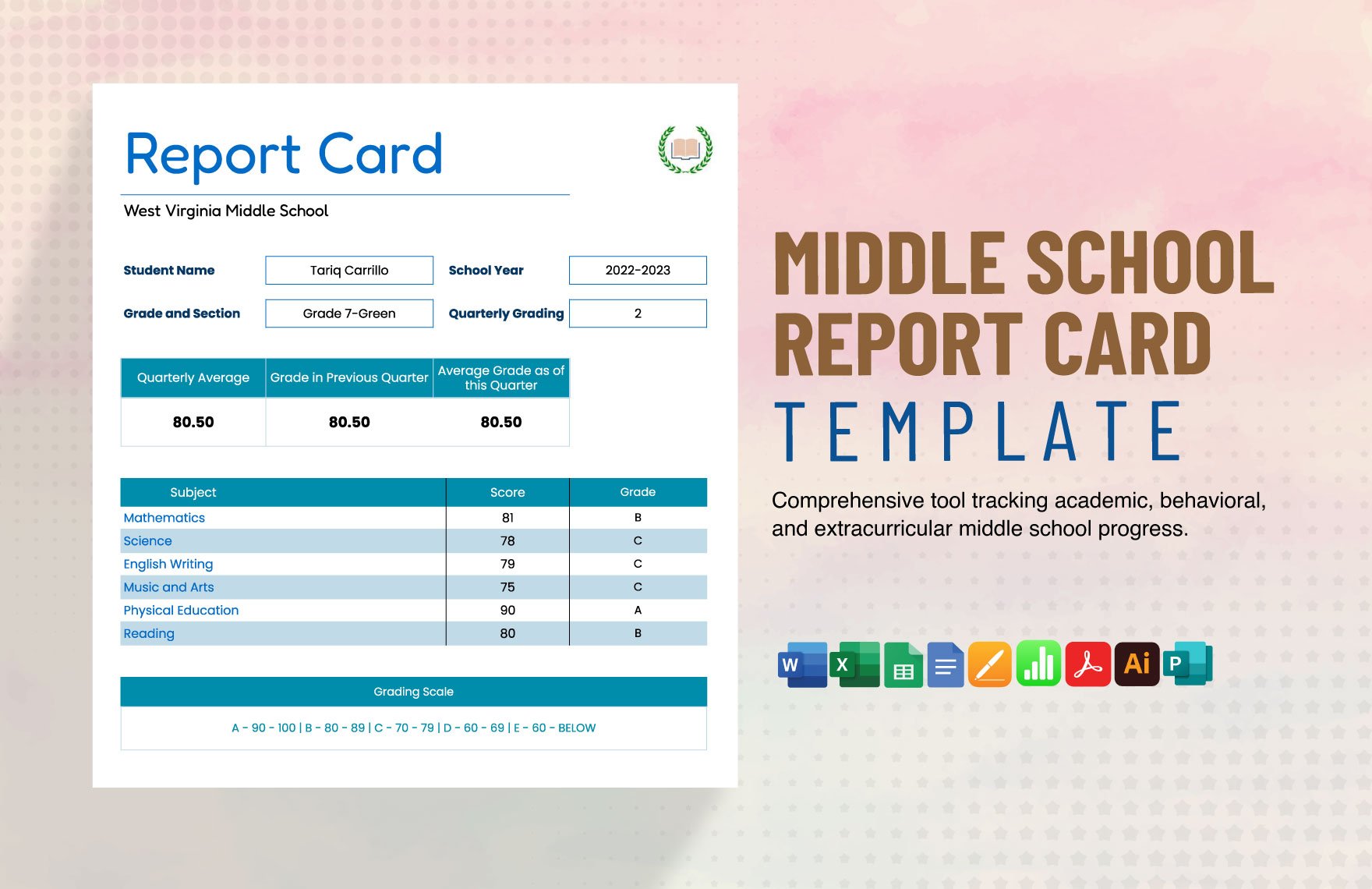 Middle School Report Card Template in Word, Google Docs, Excel, PDF, Google Sheets, Illustrator, Apple Pages, Publisher, Apple Numbers