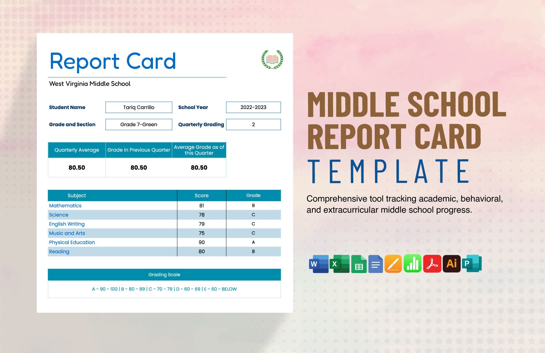 Middle School Report Card Template in Publisher, Word, Illustrator, Apple Pages, PDF, Google Docs, Excel, Google Sheets, Apple Numbers - Download | Template.net