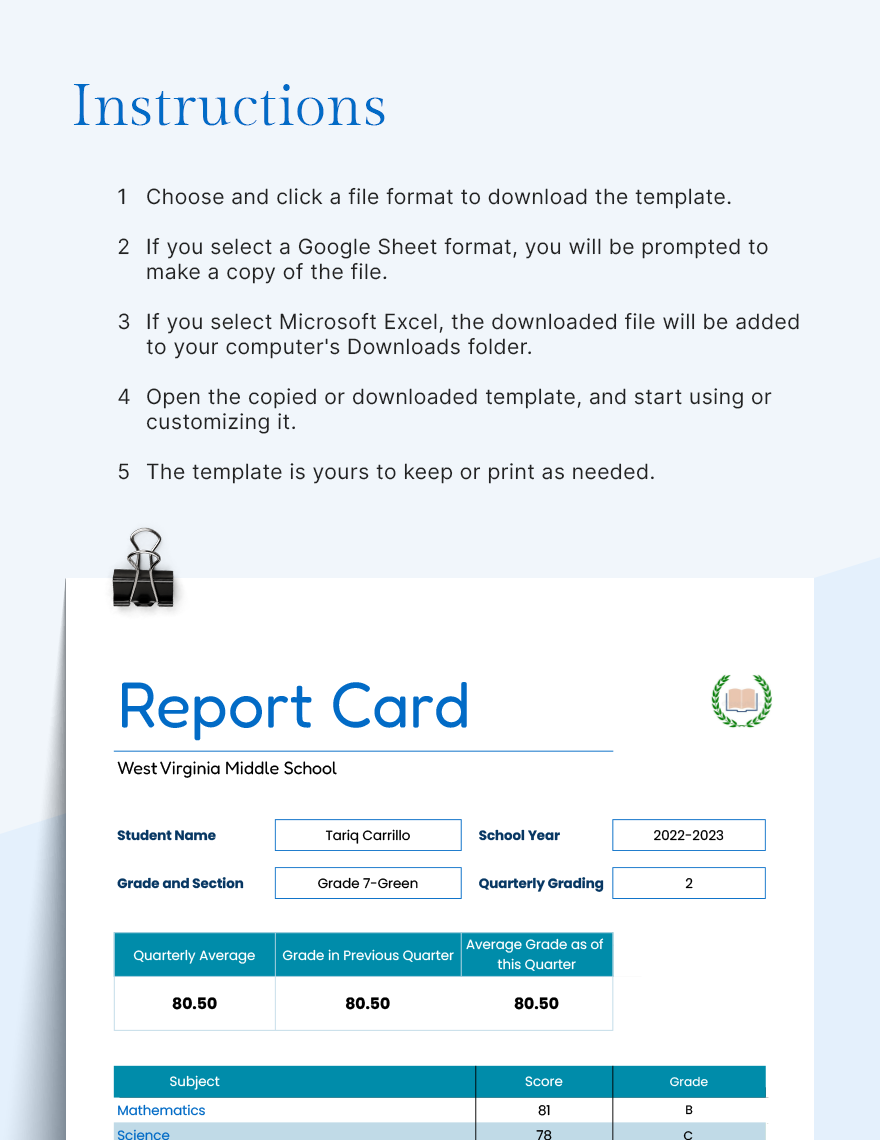Middle School Report Card Template