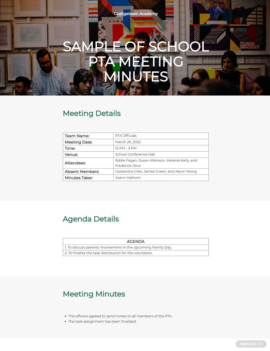 Sample Minutes of School PTA Meeting Template