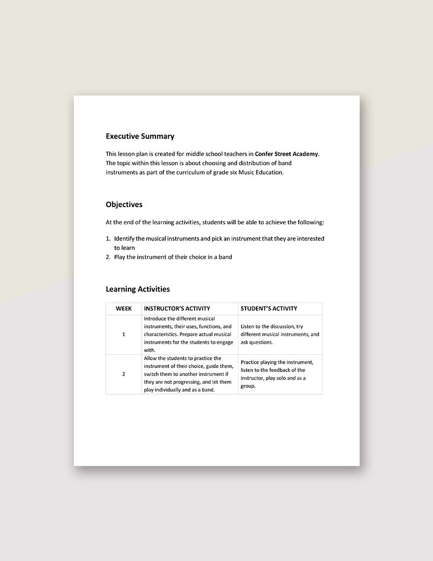 Middle School Band Lesson Plan Template