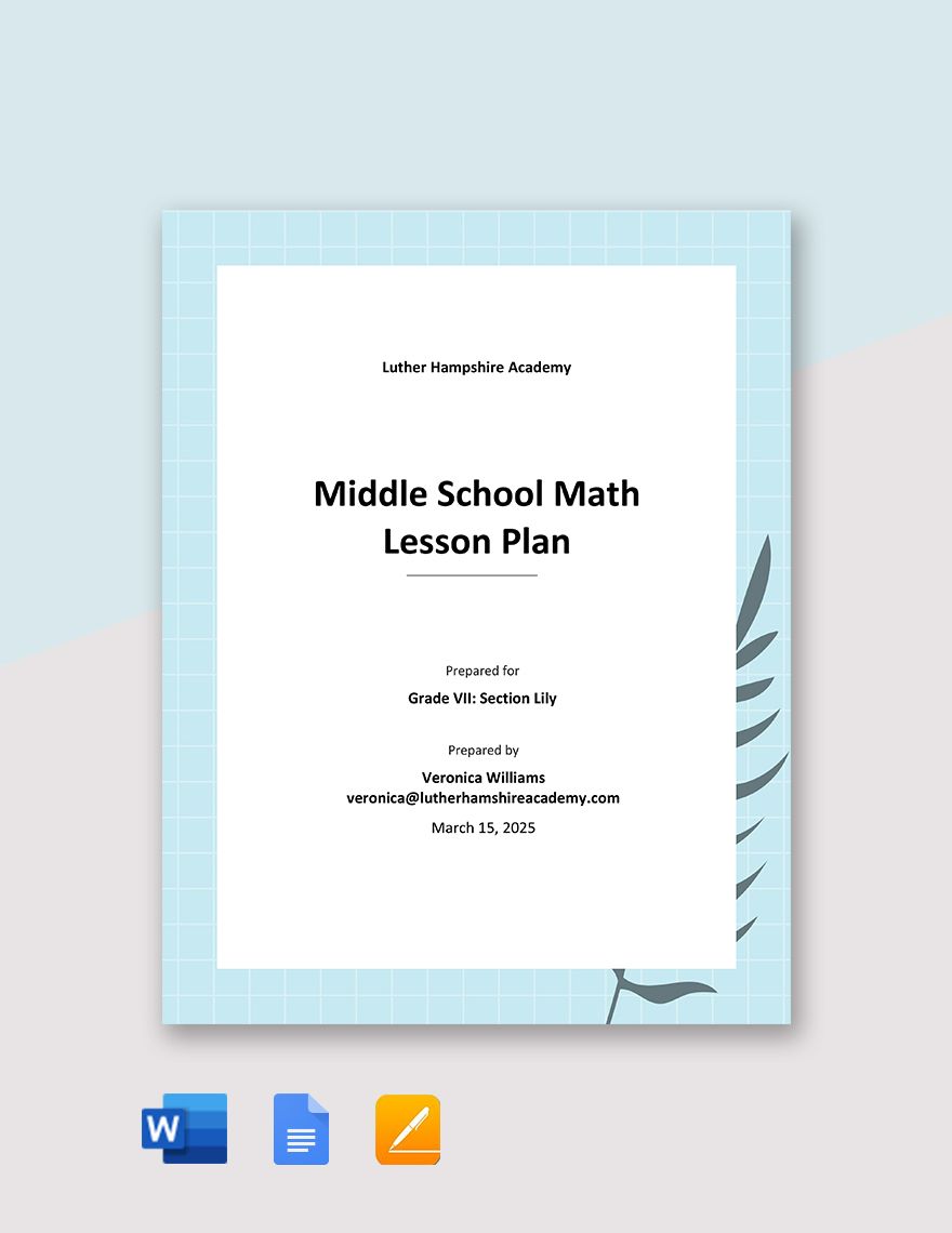 Sample Middle School Math Lesson Plan Template in Word, Google Docs, PDF, Apple Pages