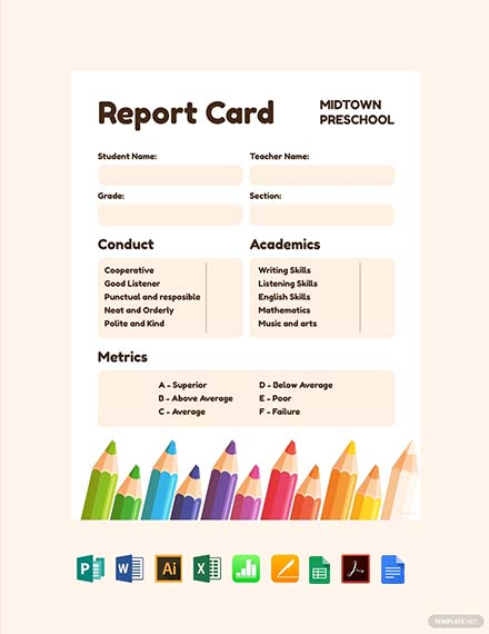 Preschool Progress Report Card Template - Illustrator, Excel, Word, Apple Numbers, Apple Pages, PDF, Publisher
