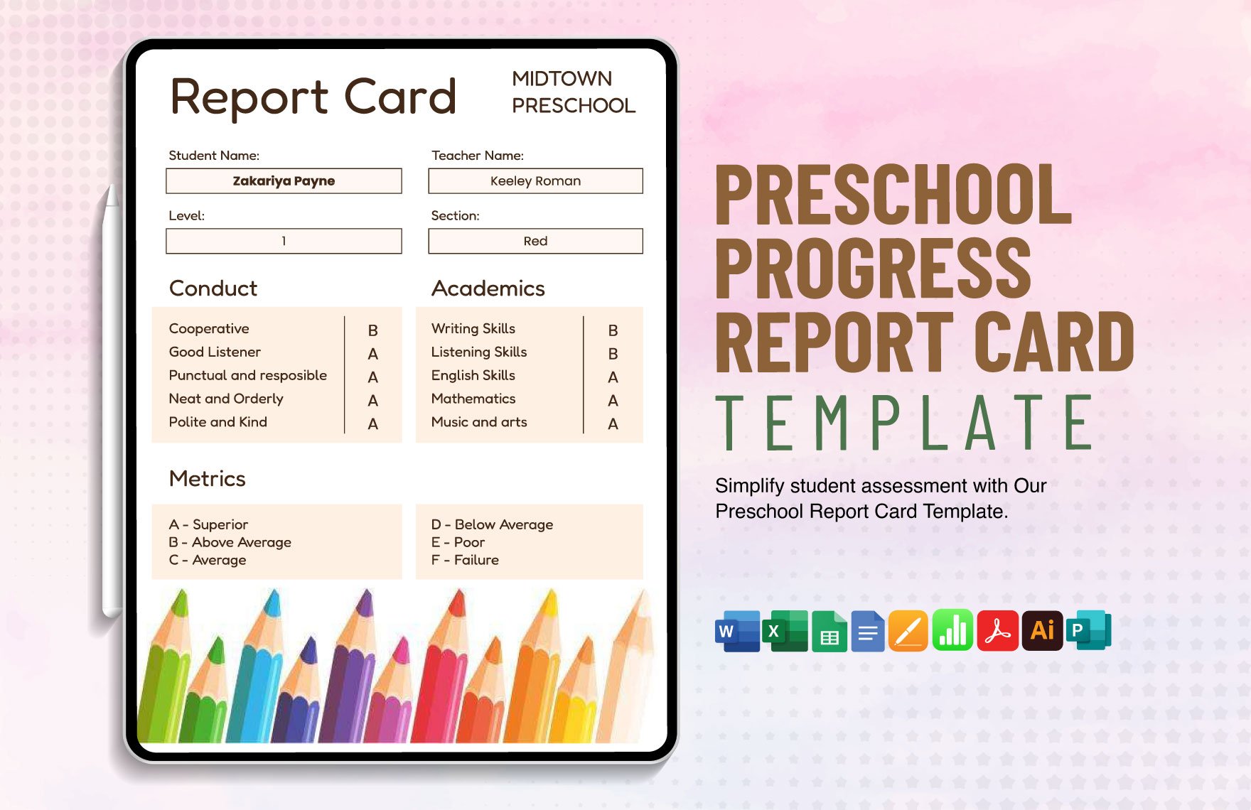 Preschool Progress Report Card Template in Word, Google Docs, Excel, PDF, Google Sheets, Illustrator, Apple Pages, Publisher, Apple Numbers