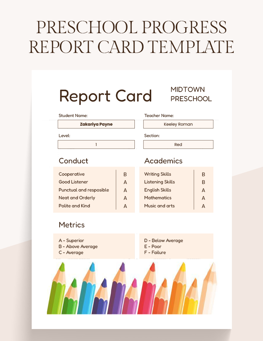 Preschool Progress Report Card Template