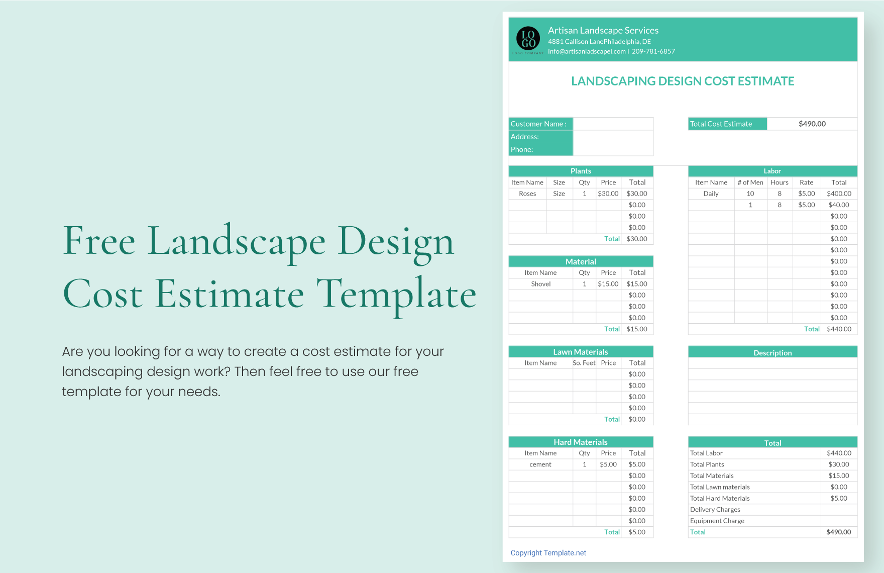 Landscape Design Cost Estimate Template