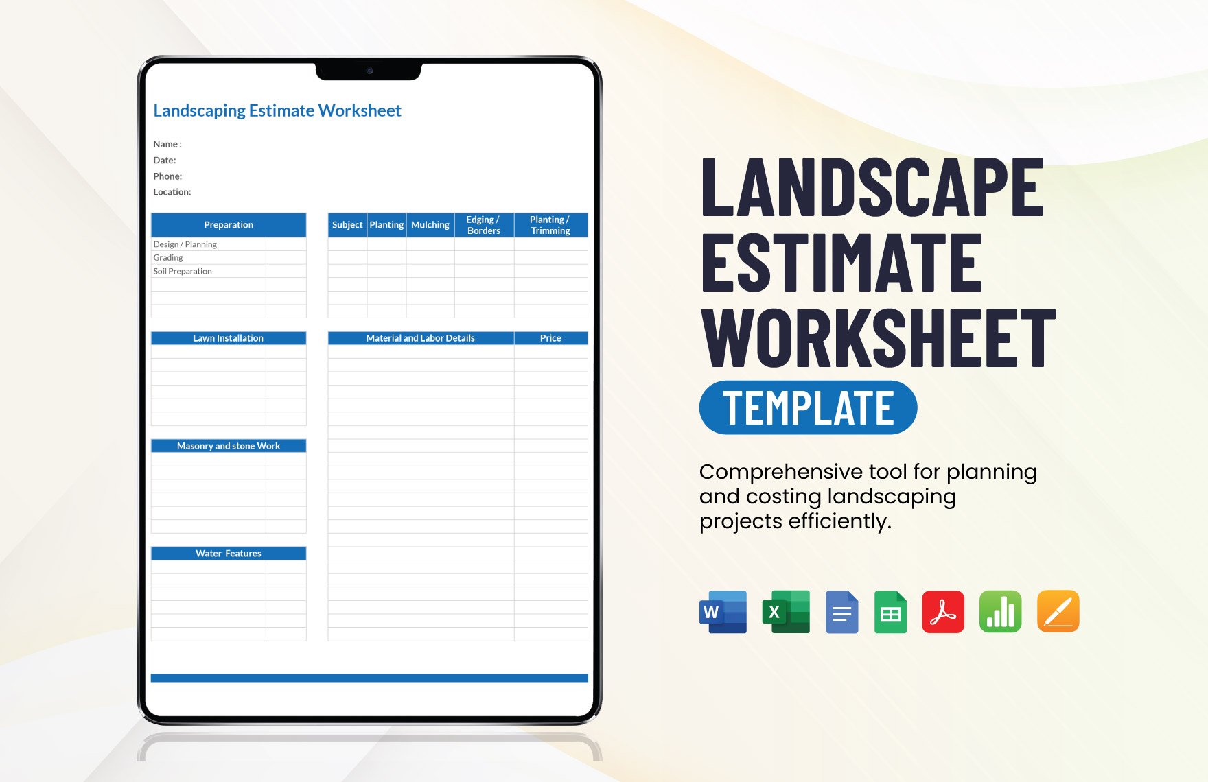 Landscape Estimate Worksheet Template in Word, Google Docs, Excel, PDF, Google Sheets, Apple Pages, Apple Numbers