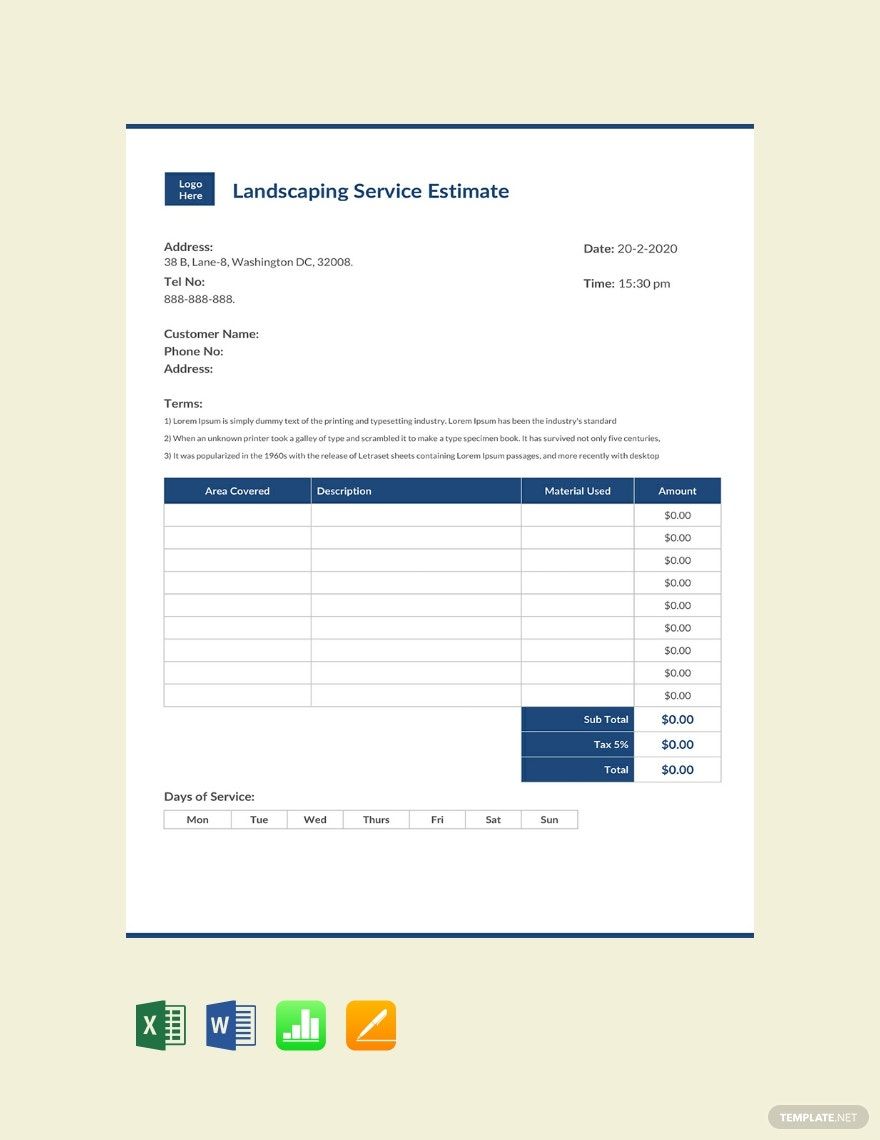 Landscaping Services Estimate Template Google Docs, Google Sheets