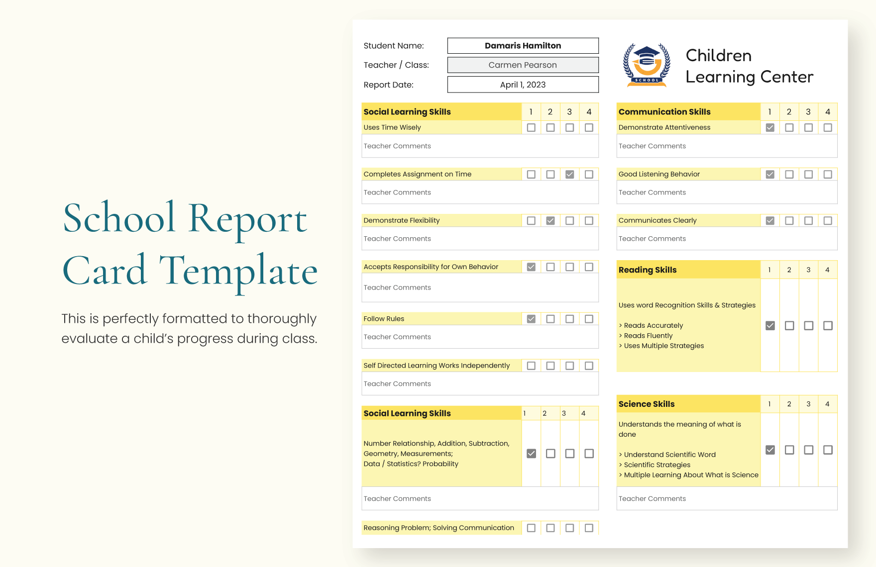 microsoft excel report card template