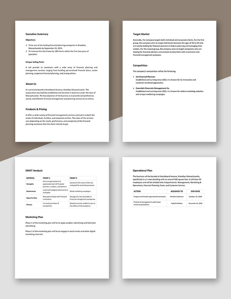 Personal Financial Business Plan Template