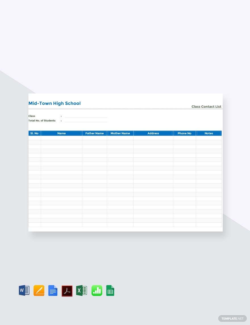 Class Contact List Template in Word, Google Docs, Excel, PDF, Google Sheets, Apple Pages, Apple Numbers