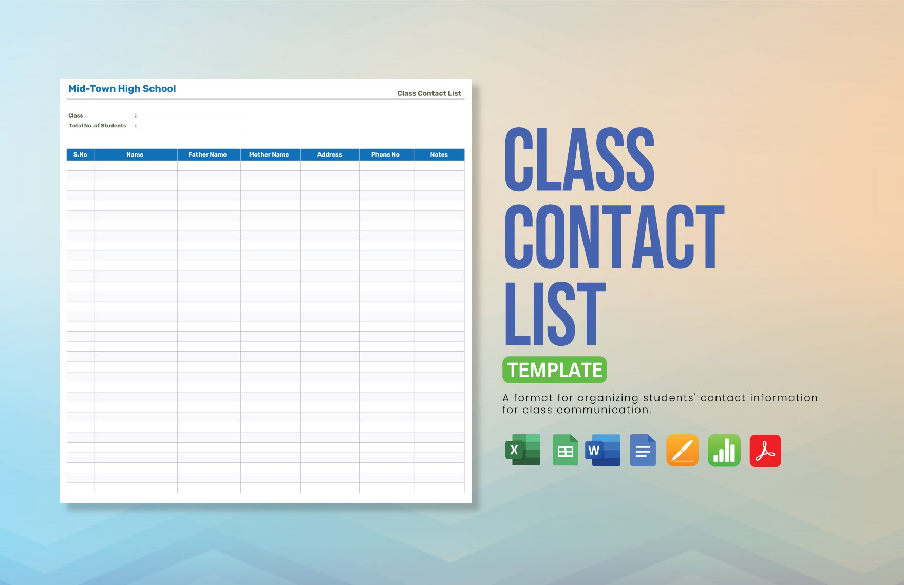 Class Contact List Template in Word, Google Docs, Excel, PDF, Google Sheets, Apple Pages, Apple Numbers