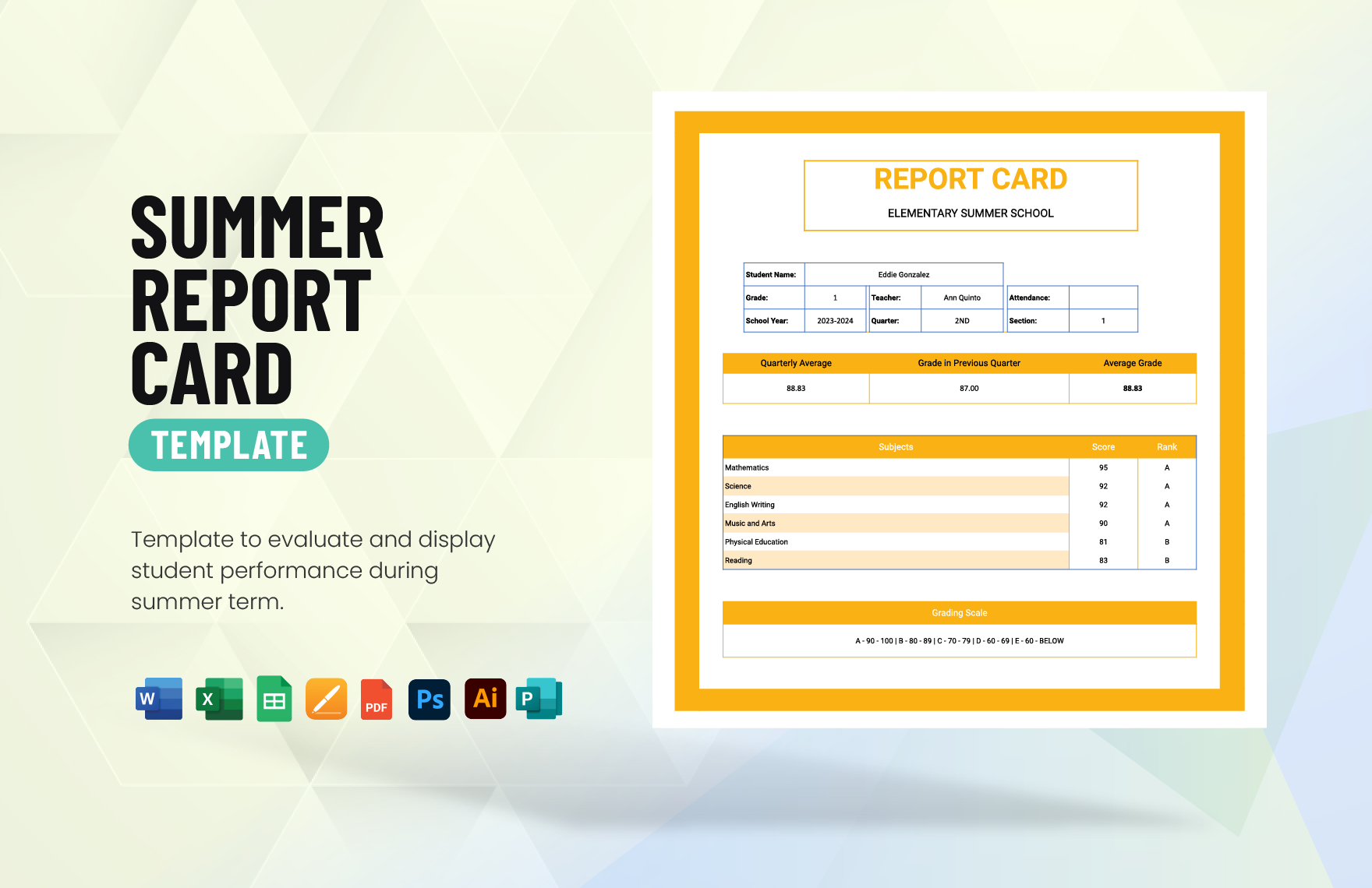 Summer  Report  Card  Template in Word, Google Docs, Excel, PDF, Google Sheets, Illustrator, Apple Pages, Publisher, Apple Numbers