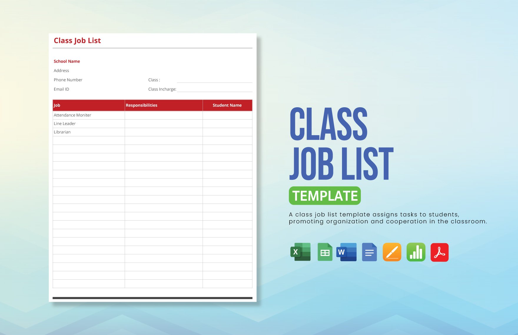 Class Job List Template in Word, Google Docs, Excel, PDF, Google Sheets, Apple Pages, Apple Numbers