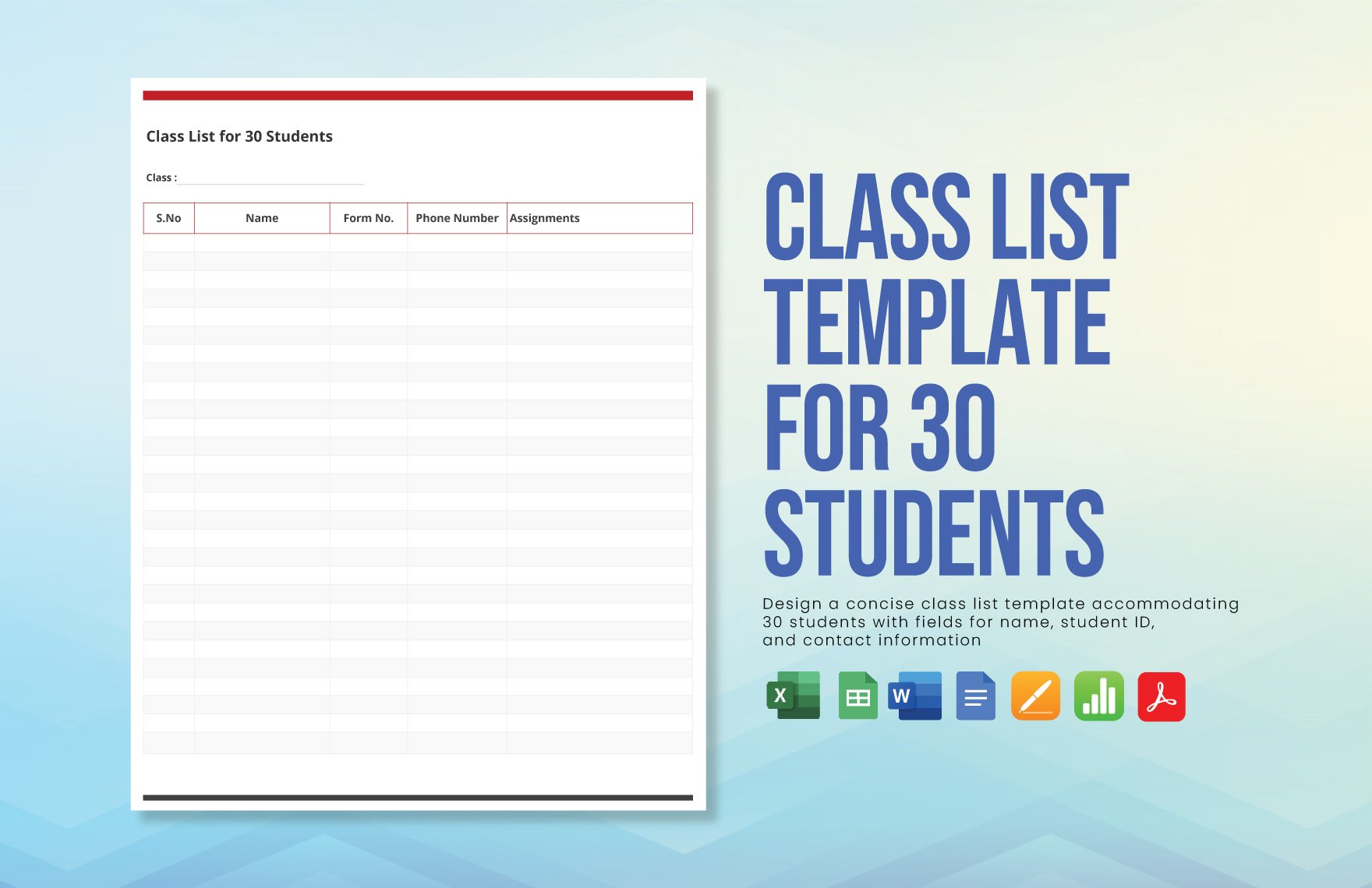 Class List Template For 30 Students in Word, Google Docs, Excel, PDF, Google Sheets, Apple Pages, Apple Numbers