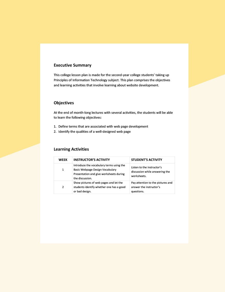 Free Sample College Lesson Plan Template Google Docs, Word, Apple