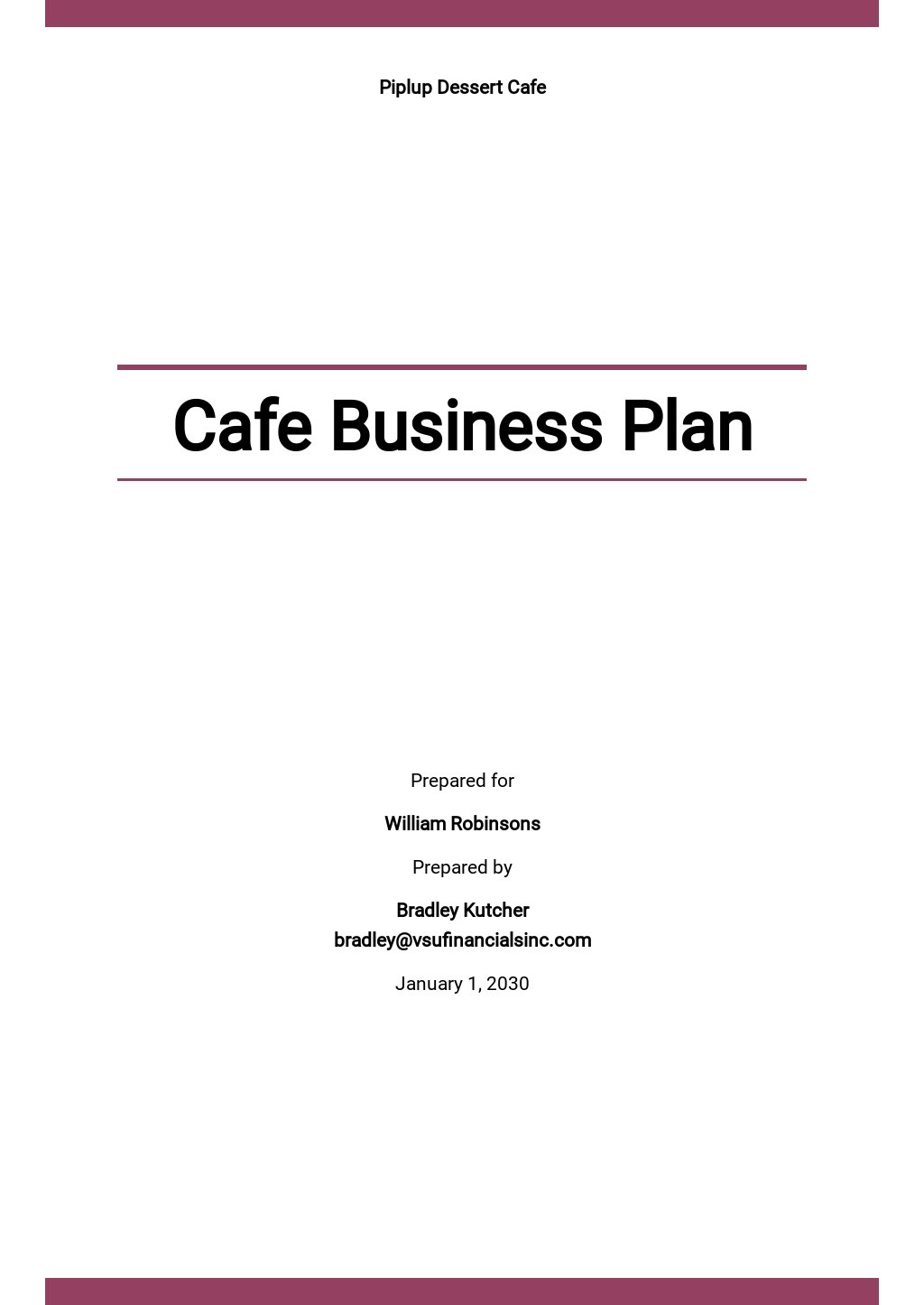 Cafe Business Plan Financial Template