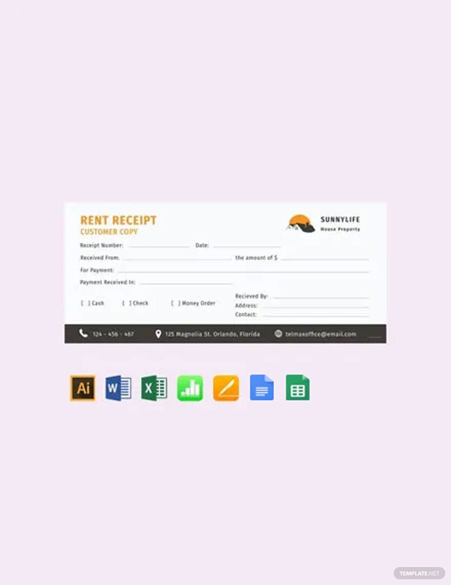 Editable House Rent Receipt Template in Word, Google Docs, Excel, Google Sheets, Illustrator, Apple Pages, Apple Numbers
