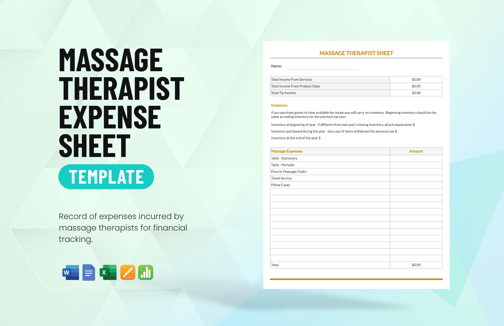 Massage Therapist Expense Sheet Template in Word, Google Docs, Excel, Apple Pages, Apple Numbers