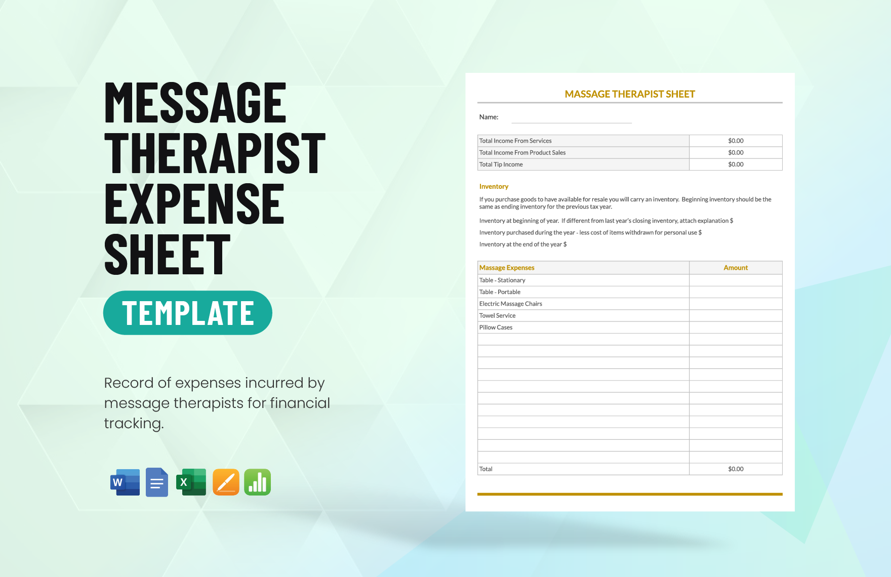Massage Therapist Expense Sheet Template