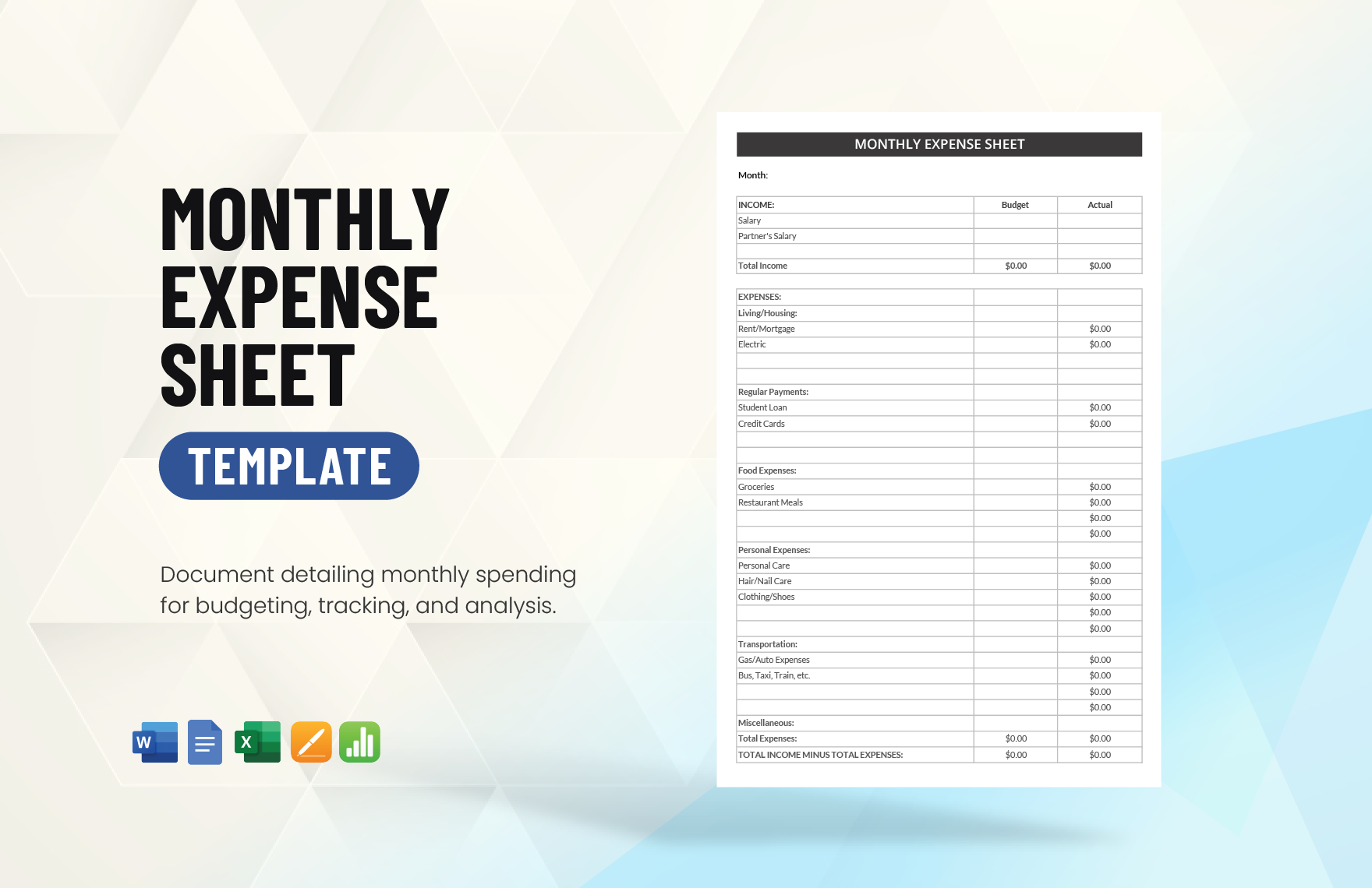 Simple Monthly Expense Sheet Template in Word, Google Docs, Excel, Apple Pages, Apple Numbers