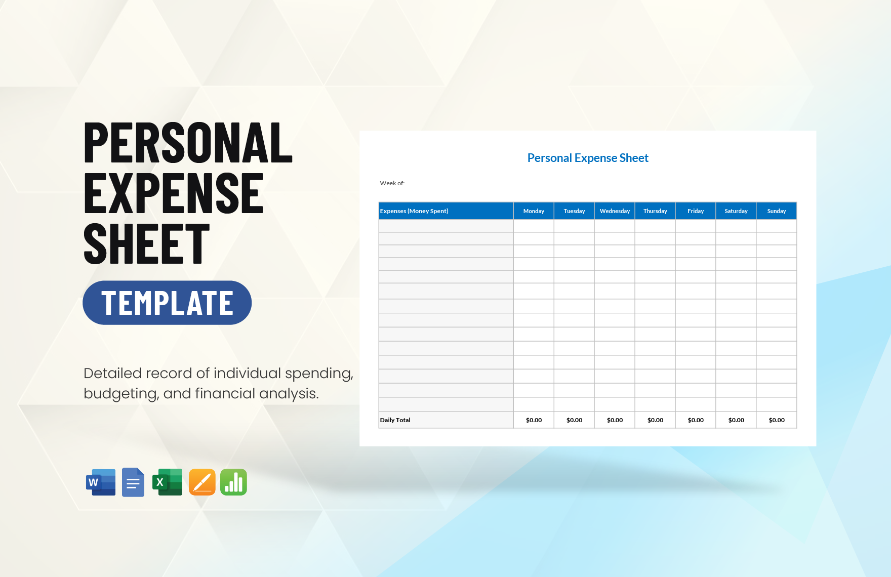 Personal Expense Sheet Template in Word, Google Docs, Excel, Apple Pages, Apple Numbers