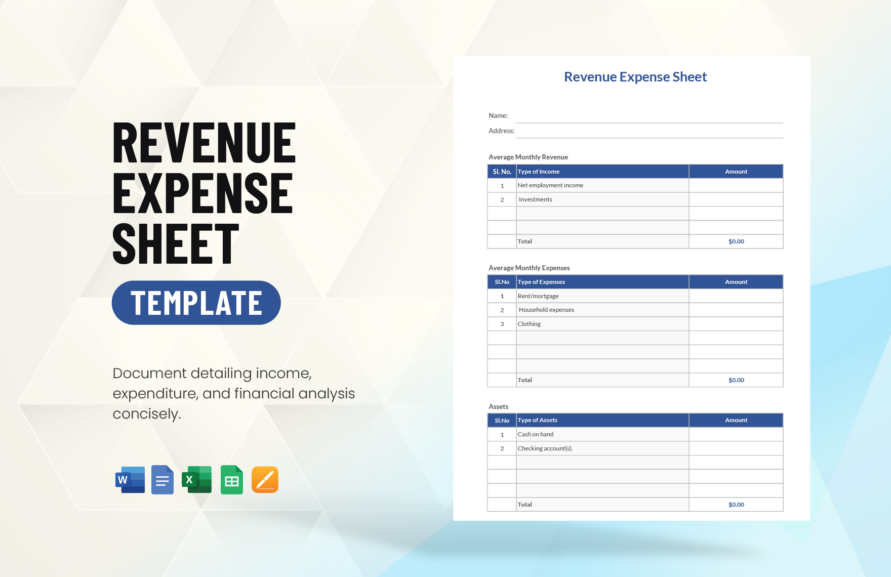 Revenue Expense Sheet Template in Word, Google Docs, Excel, Apple Pages, Apple Numbers