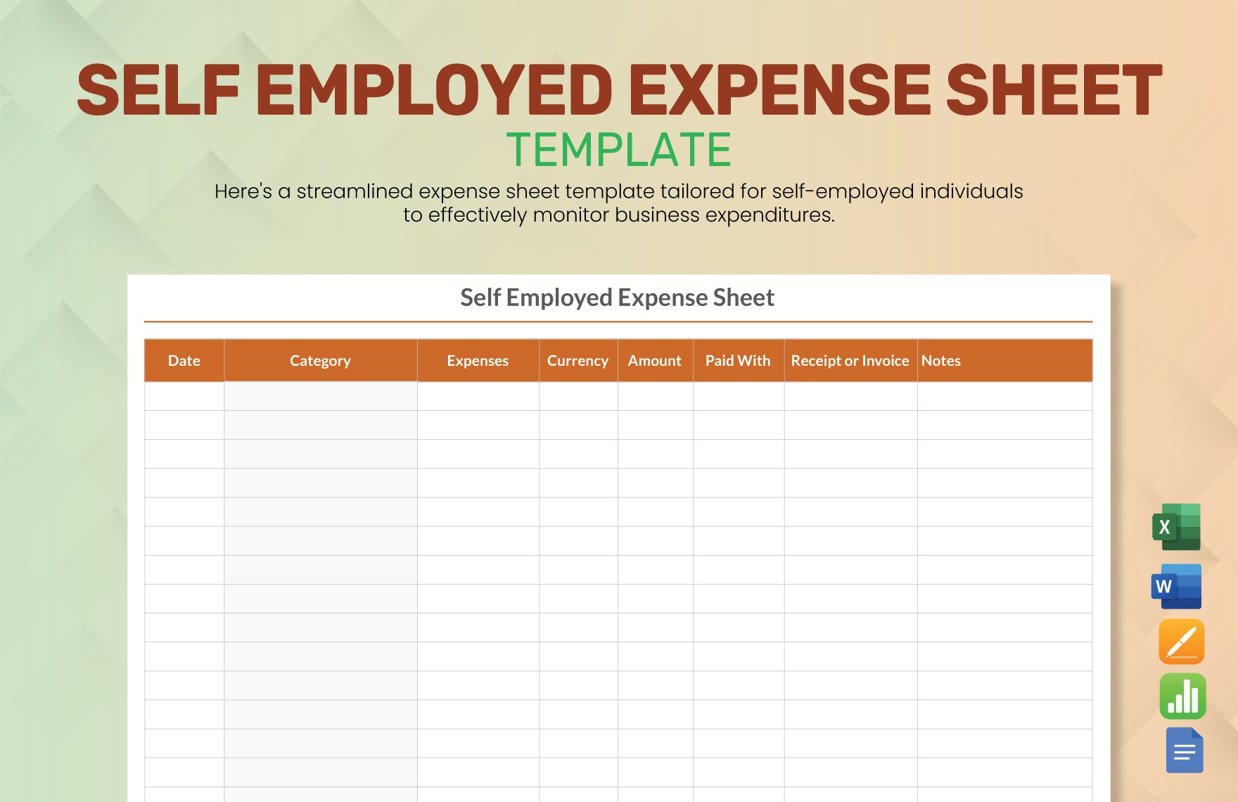 Self Employed Expense Sheet Template in Word, Google Docs, Excel, Apple Pages, Apple Numbers