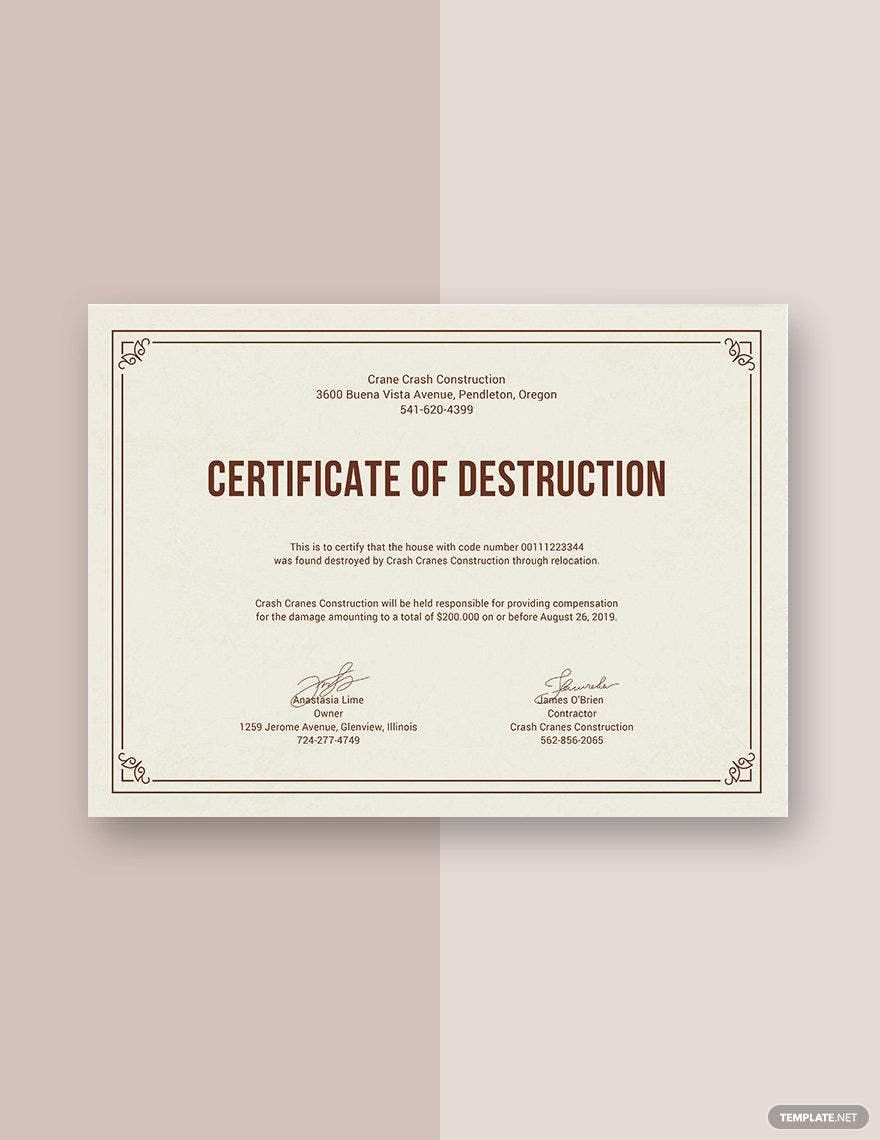 Certificate of Destruction