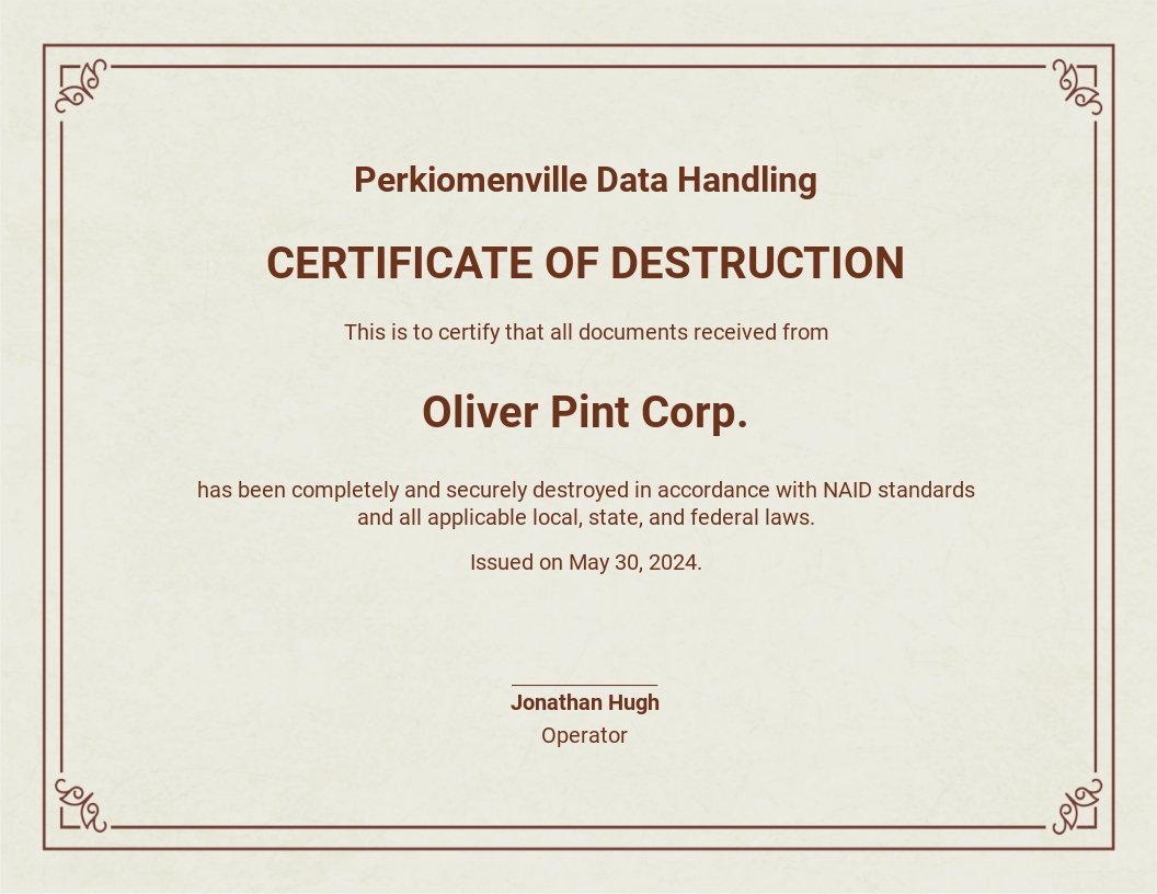 Certificate of Destruction - Google Docs, Illustrator, InDesign, Word, Apple Pages, PSD, Publisher