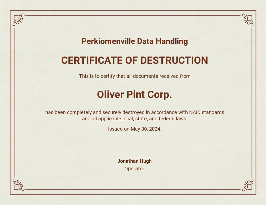 Certificate of Destruction Template [Free PDF] Word (DOC) PSD
