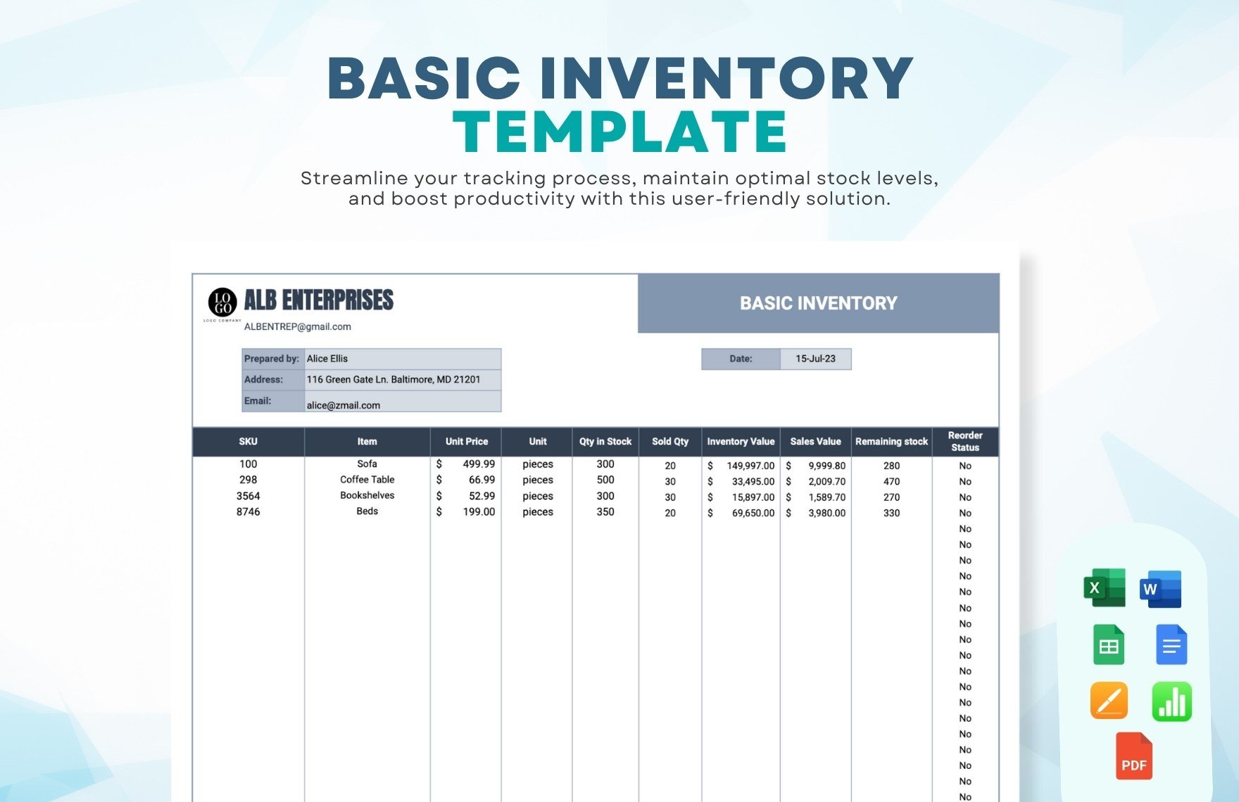 Free Basic Inventory Template in Word, Google Docs, Excel, PDF, Google Sheets, Apple Pages, Apple Numbers