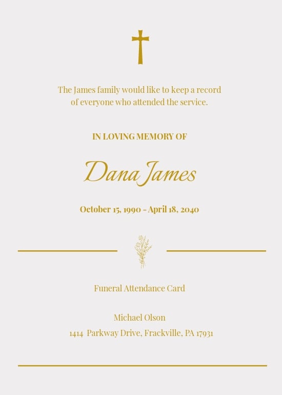 Free Simple Funeral Attendance Card Template