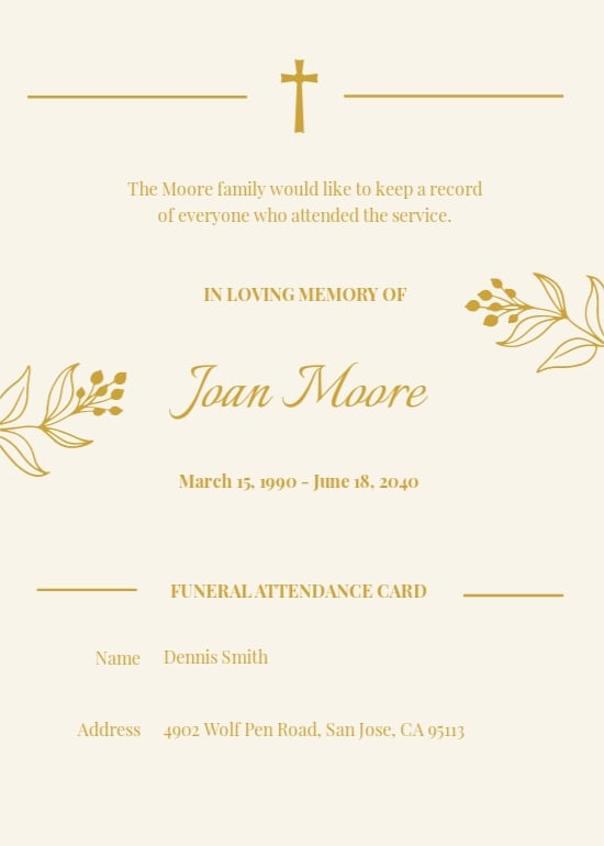 Funeral Memorial Attendance Card Template