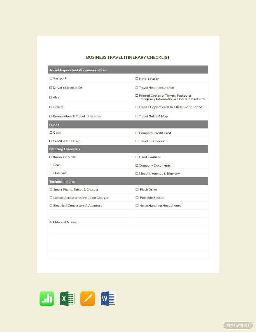 Business Travel Itinerary Checklist Template