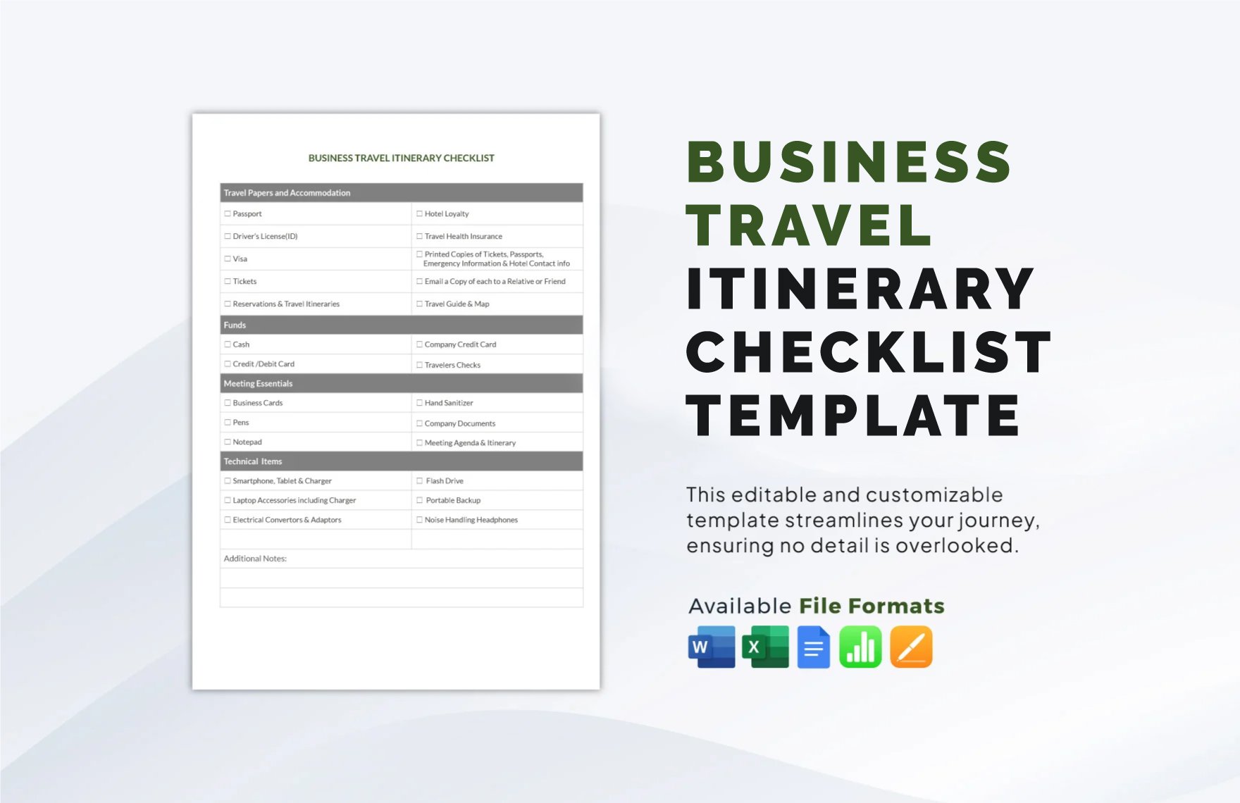 Free Business Travel Itinerary Checklist Template in Word, Google Docs, Excel, Apple Pages, Apple Numbers