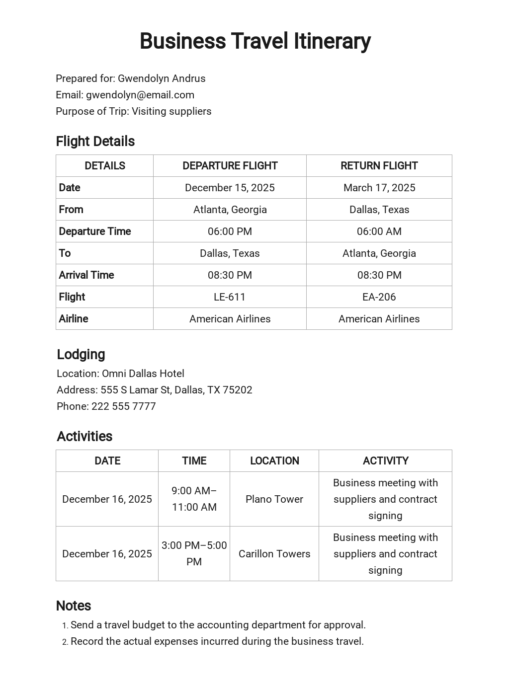 FREE Business Travel Itinerary Format Template - Word (DOC) | Excel ...