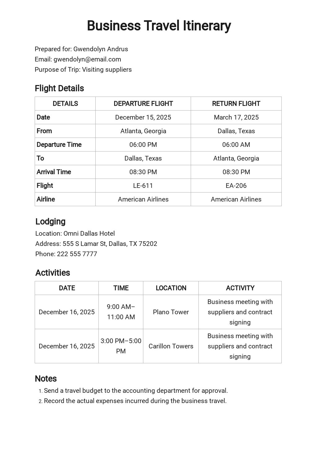 executive travel itinerary template free