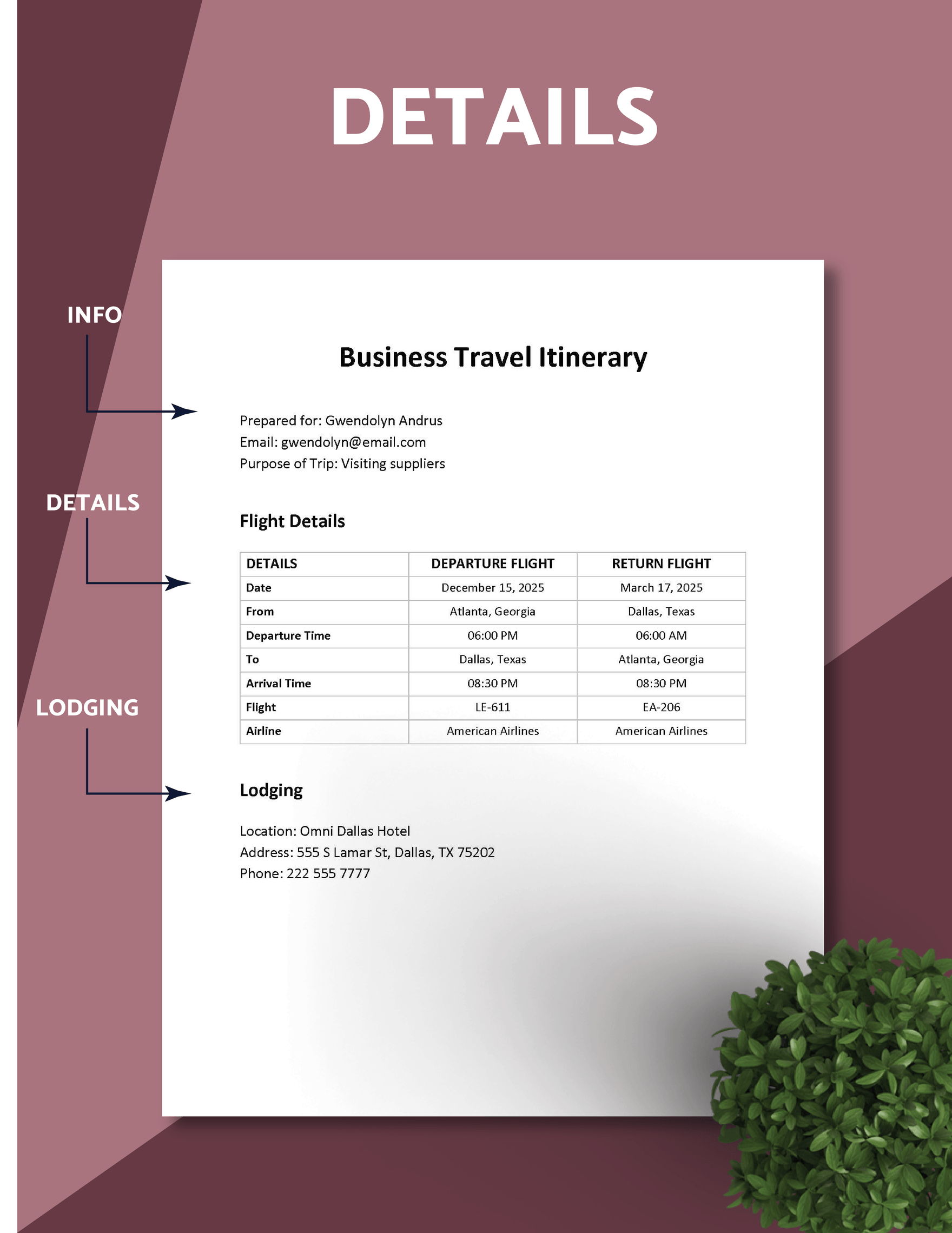 Business Travel Itinerary Document Template