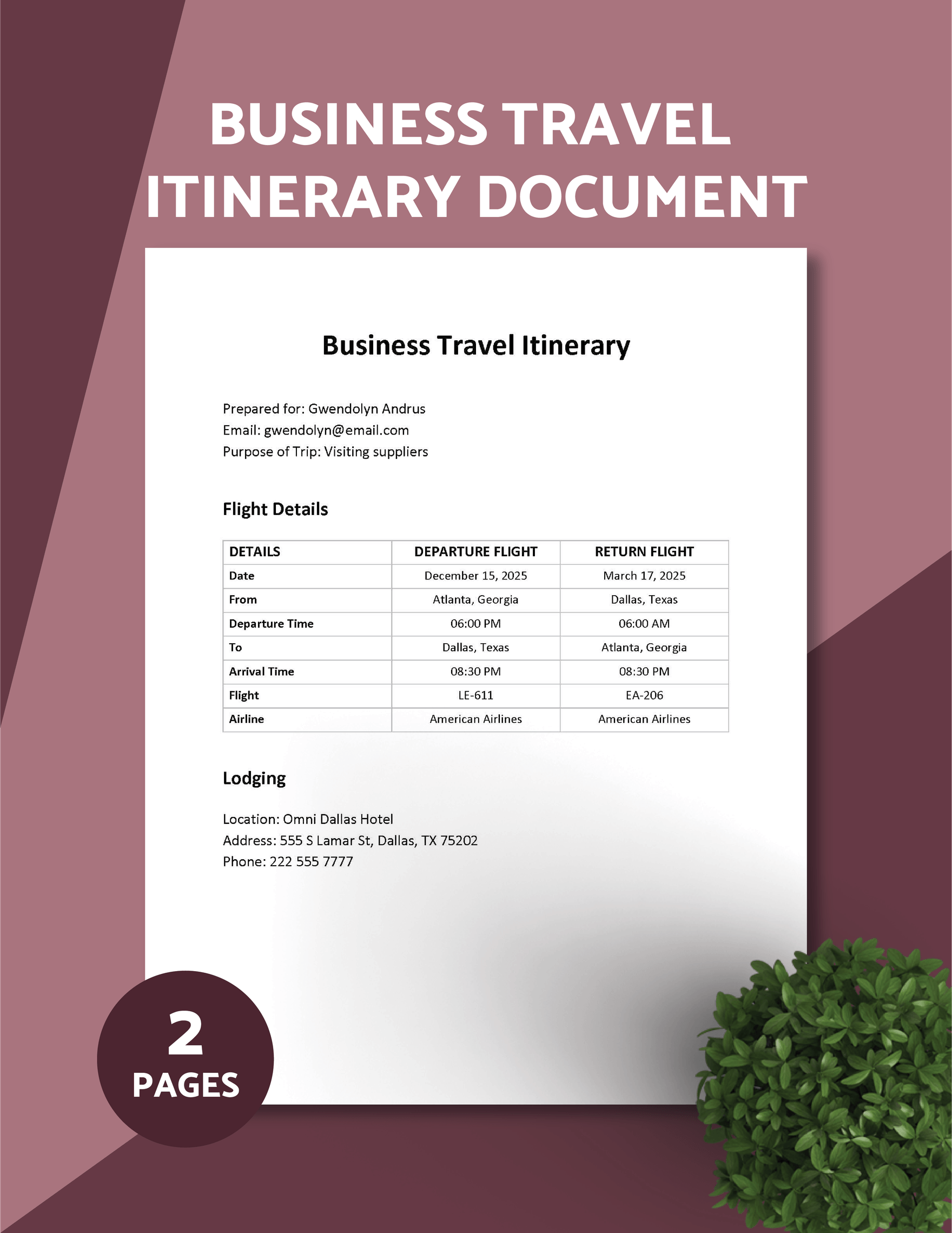 Business Travel Itinerary Document Template