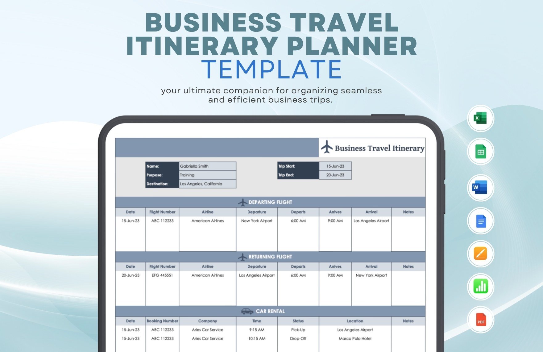 Business Travel Itinerary Planner Template in Word, Google Docs, Excel, PDF, Google Sheets, Apple Pages, Apple Numbers