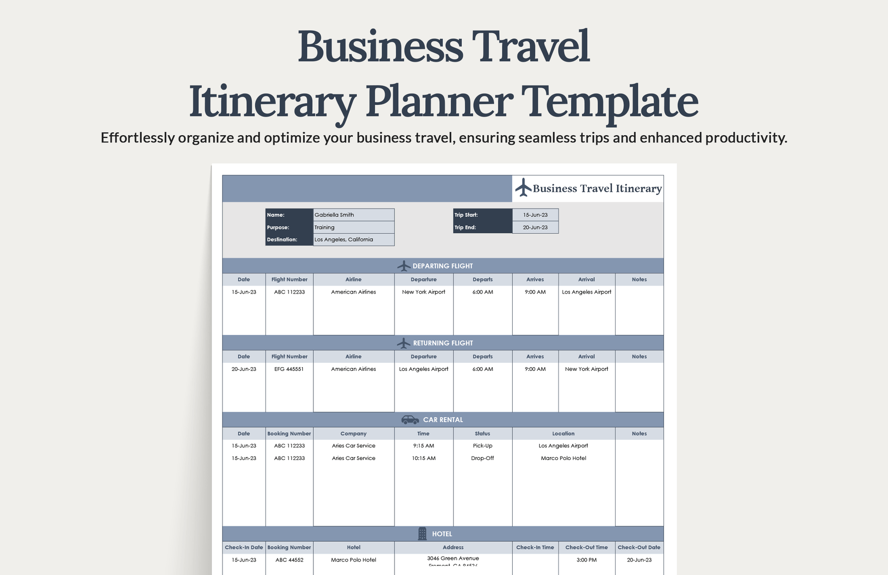 Business Travel Itinerary Planner Template