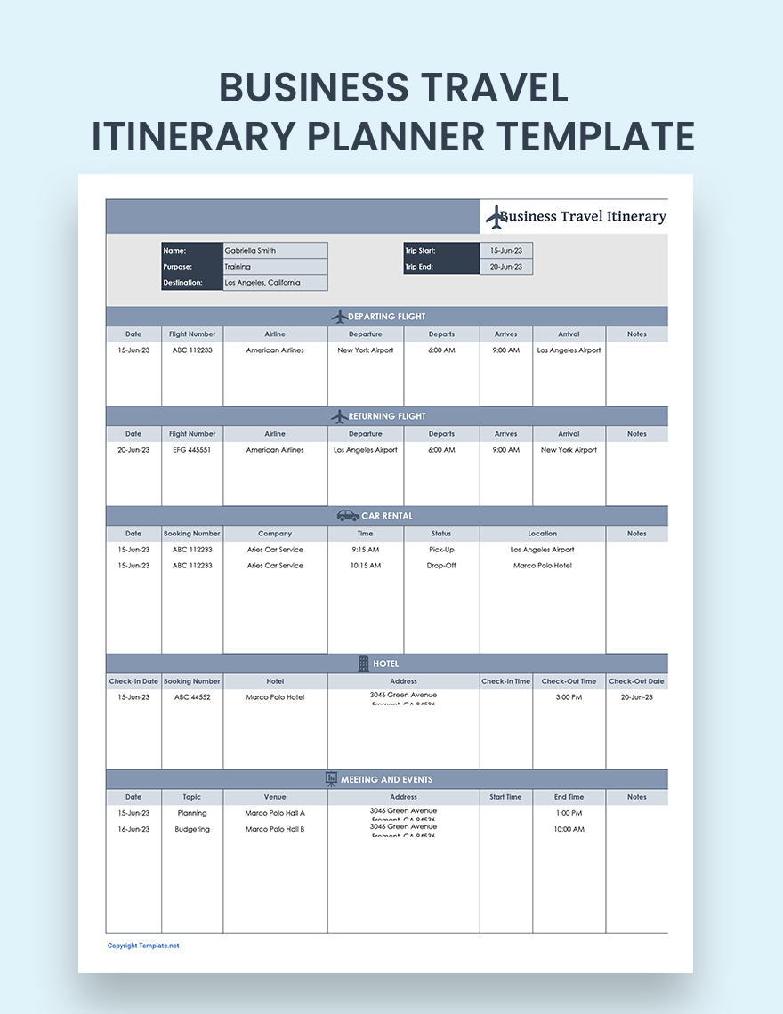 Business Travel Itinerary Planner Template