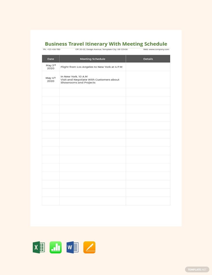 Free Business Travel Itinerary with Meeting Schedule Template