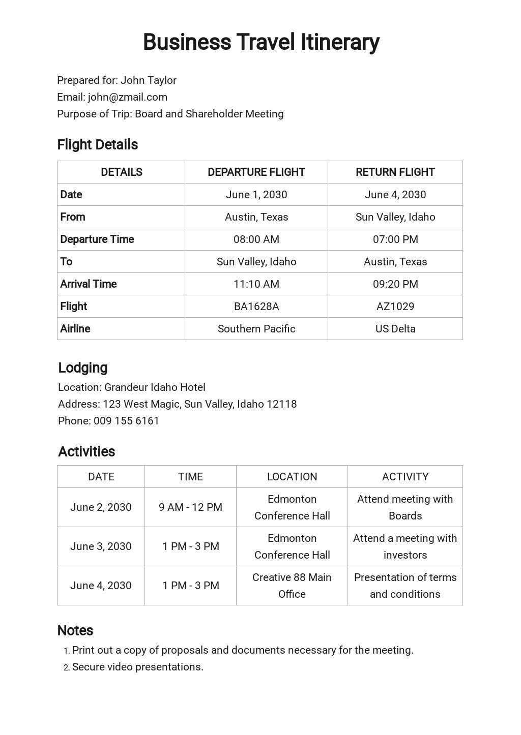 FREE Business Travel Itinerary with Meeting Schedule Template in Google