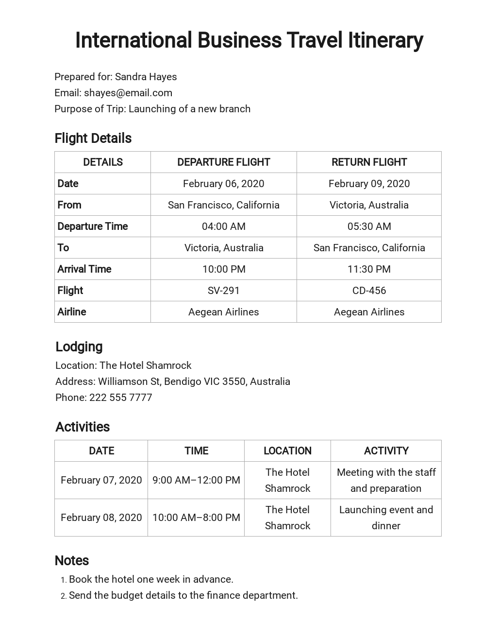 FREE Business Travel Itinerary Format Template - Word (DOC) | Excel ...