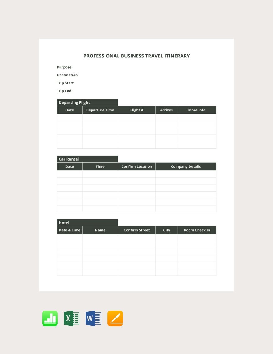 Free Professional Business Travel Itinerary Template