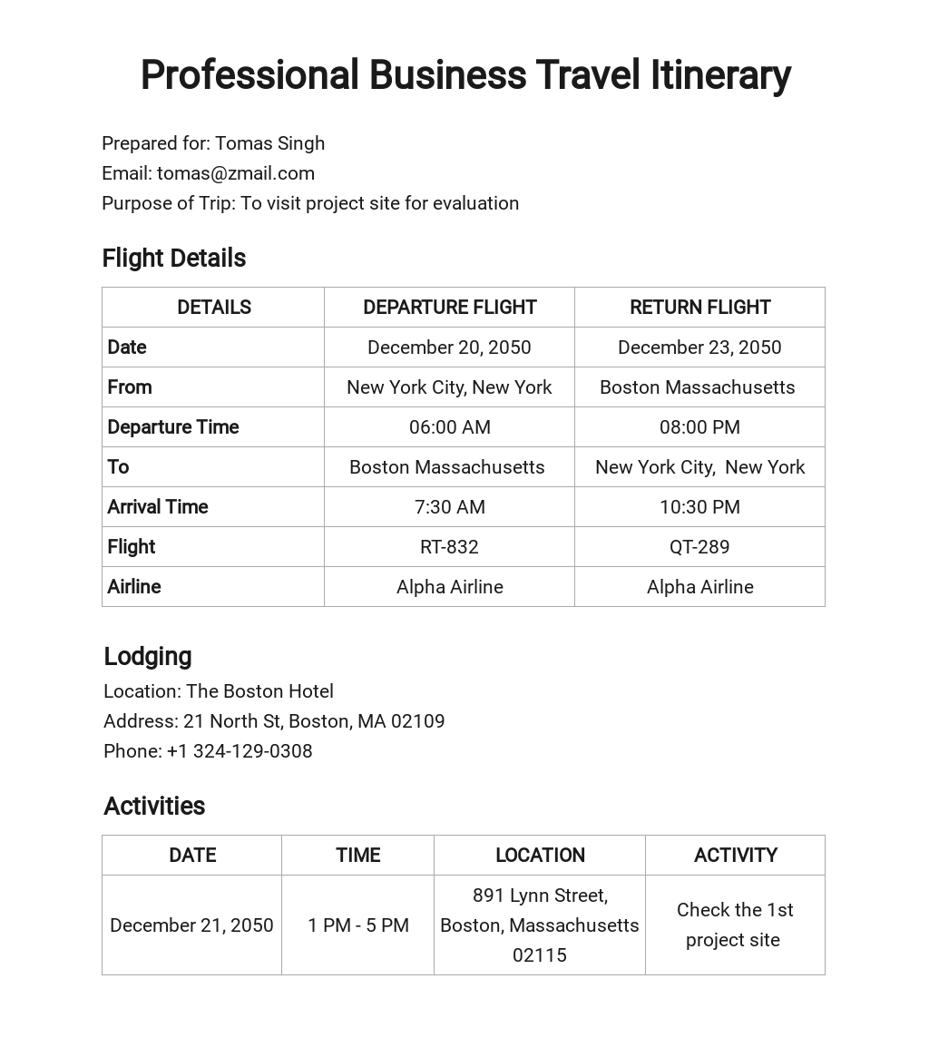 FREE Business Travel Itinerary Format Template - Word (DOC) | Excel ...