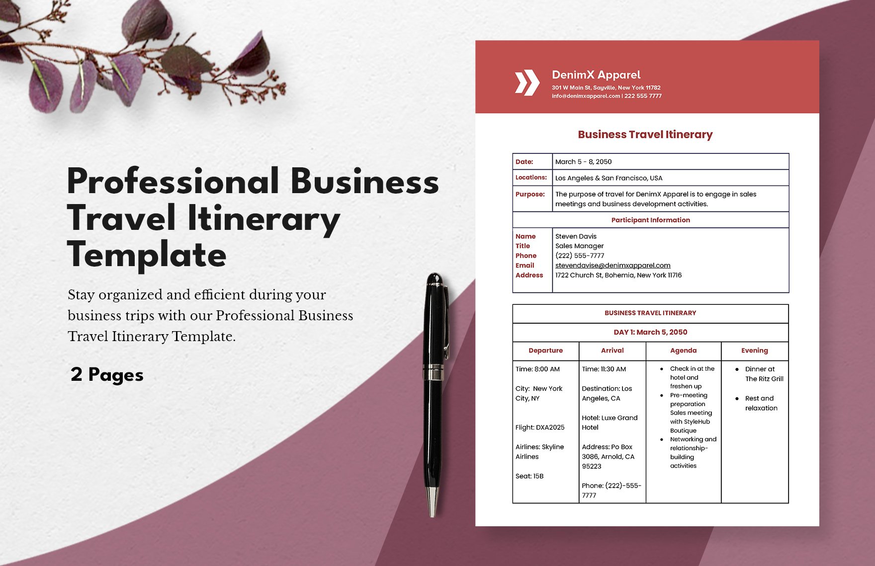 Professional Business Travel Itinerary Template