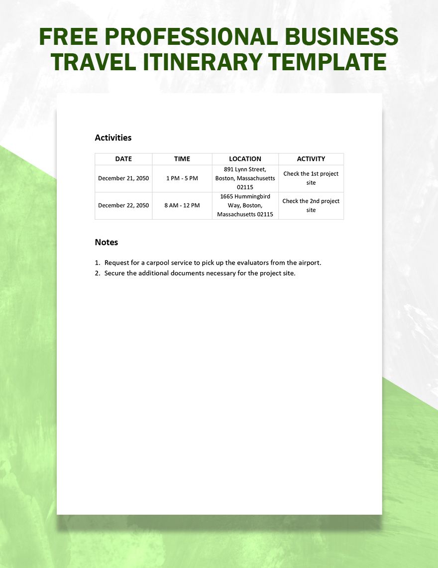 Free Professional Business Travel Itinerary Template Google Docs